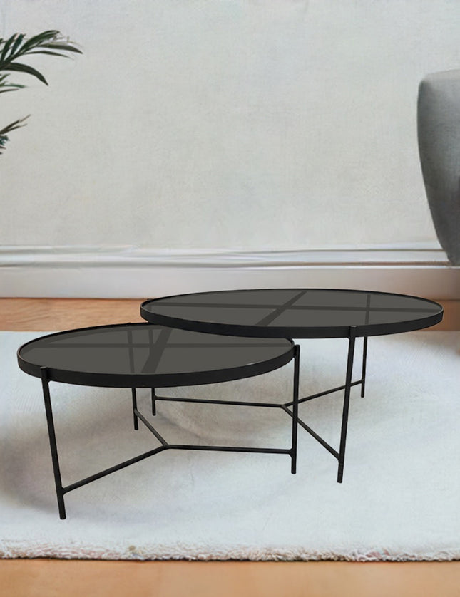 SET MESAS DE CENTRO DE METAL "BÉLGICA" 2 PZAS NEGRO HUMO