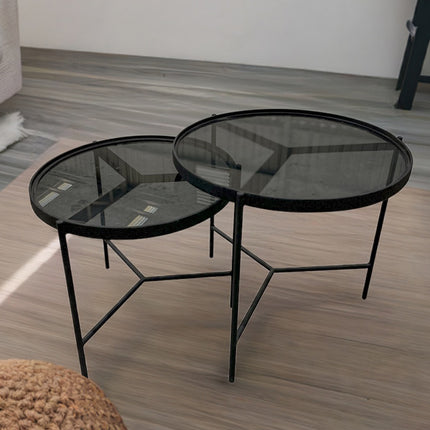 SET MESAS LATERALES DE METAL "BÉLGICA" 2 PZAS NEGRO HUMO