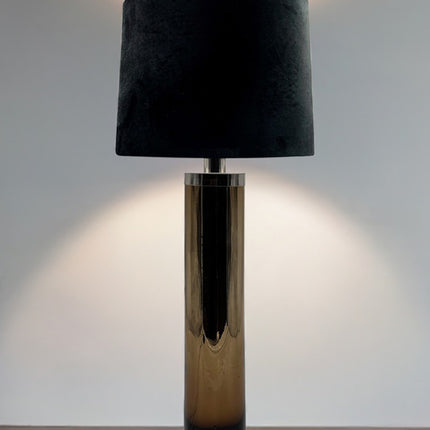 LÁMPARA CILINDRO GDE CHOCOLATE CROMO PANTALLA NEGRA