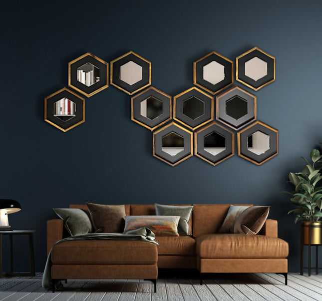 SET ESPEJOS HEXÁGONOS CROACIA 11 PZAS PAROTA SÓLIDA + MELAMINA