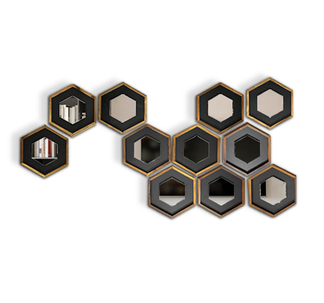 SET ESPEJOS HEXÁGONOS CROACIA 11 PZAS PAROTA SÓLIDA + MELAMINA