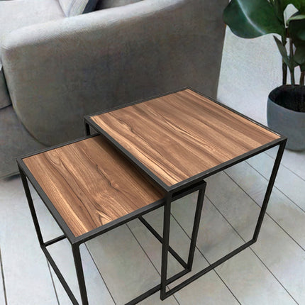 SET MESAS LATERALES DE METAL "CUBA CON MADERA" 2 PZAS