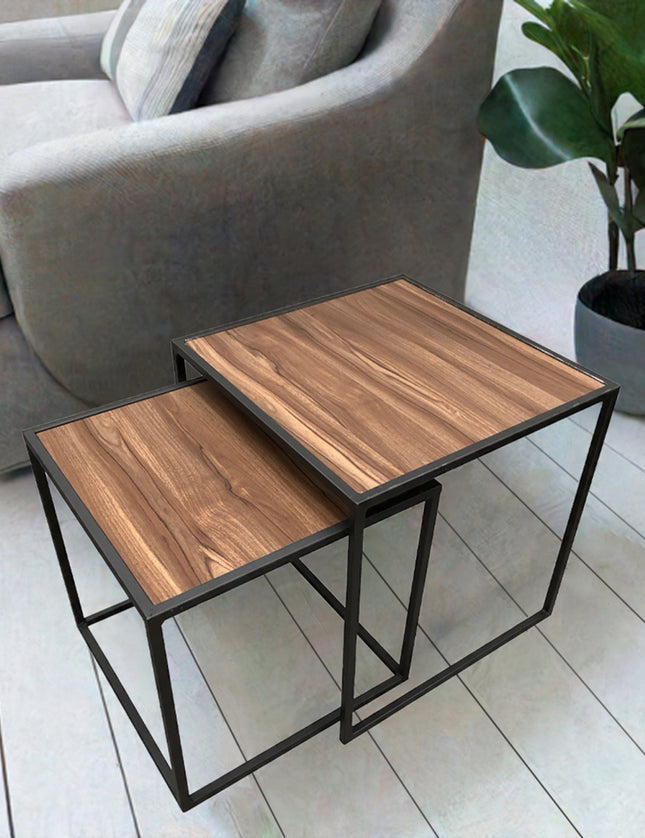 SET MESAS LATERALES DE METAL "CUBA CON MADERA" 2 PZAS