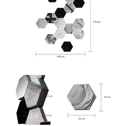 SET ESPEJOS HEXÁGONOS 14 PZAS CON BASE DE PAROTA