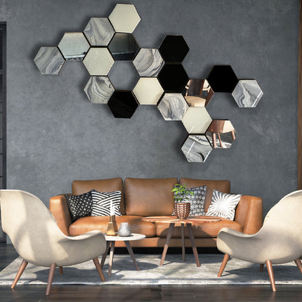 SET ESPEJOS HEXÁGONOS 19 PZAS NEGRO SÓLIDO + ESPEJO + ARK GRIS + HUESO SÓLIDO CON BASE DE PAROTA
