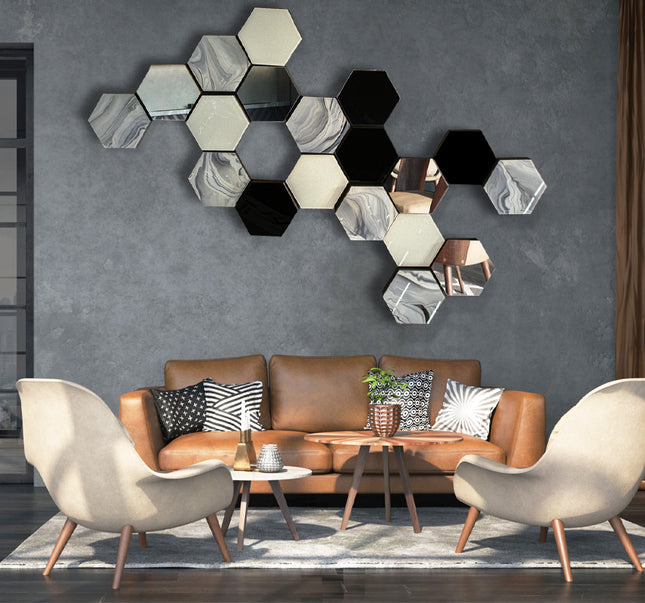 SET ESPEJOS HEXÁGONOS 19 PZAS NEGRO SÓLIDO + ESPEJO + ARK GRIS + HUESO SÓLIDO CON BASE DE PAROTA