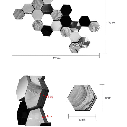 SET ESPEJOS HEXÁGONOS 19 PZAS NEGRO SÓLIDO + ESPEJO + ARK GRIS + HUESO SÓLIDO CON BASE DE PAROTA
