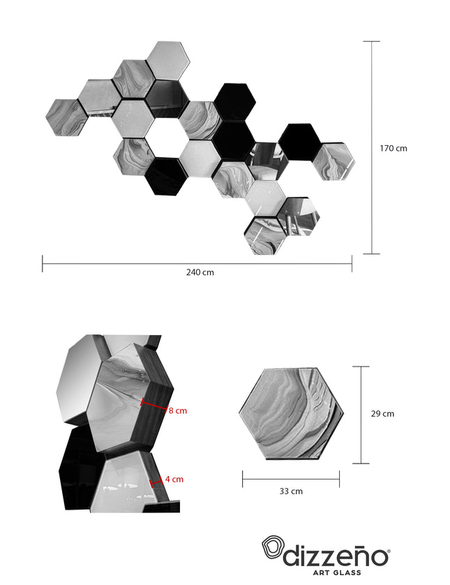 SET ESPEJOS HEXÁGONOS 19 PZAS NEGRO SÓLIDO + ESPEJO + ARK GRIS + HUESO SÓLIDO CON BASE DE PAROTA