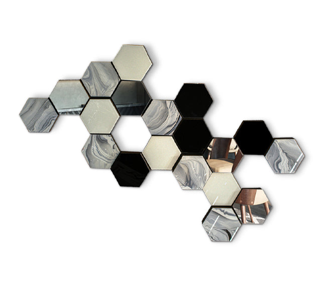 SET ESPEJOS HEXÁGONOS 19 PZAS NEGRO SÓLIDO + ESPEJO + ARK GRIS + HUESO SÓLIDO CON BASE DE PAROTA