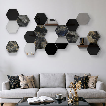 SET ESPEJOS HEXÁGONOS 19 PZAS CON BASE DE PAROTA