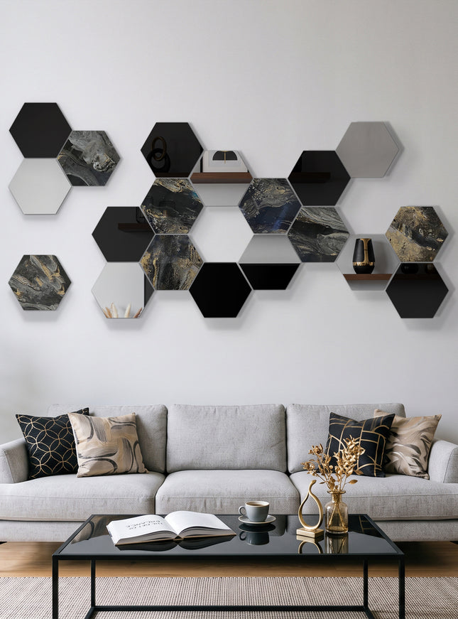 SET ESPEJOS HEXÁGONOS 19 PZAS CON BASE DE PAROTA