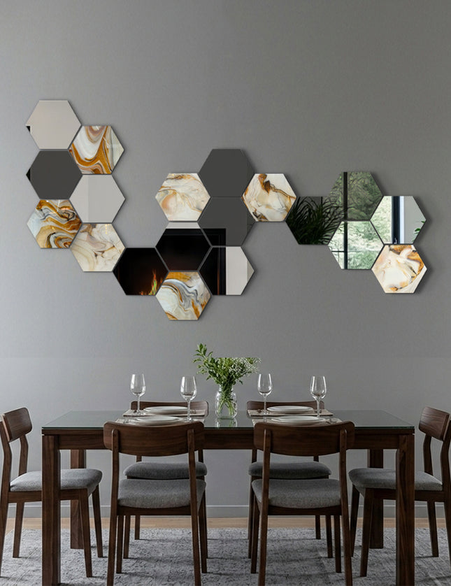 SET ESPEJOS HEXÁGONOS 19 PZAS CON BASE DE PAROTA