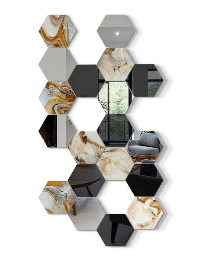 SET ESPEJOS HEXÁGONOS 19 PZAS CON BASE DE PAROTA