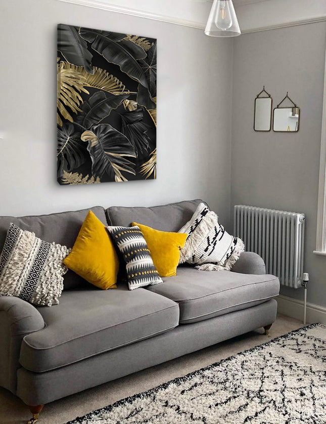 CUADRO HOJAS NEGRO DORADO - 86 X 56 CM