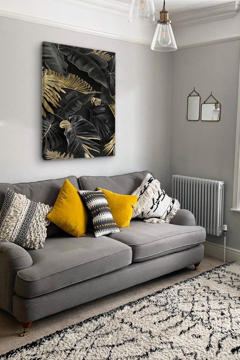 CUADRO HOJAS NEGRO DORADO - 86 X 56 CM