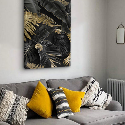 CUADRO HOJAS NEGRO DORADO - 86 X 56 CM