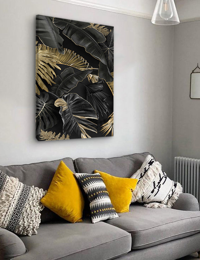 CUADRO HOJAS NEGRO DORADO - 86 X 56 CM