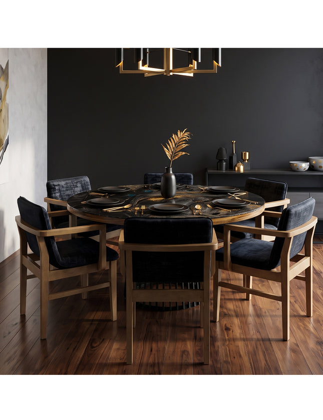 COMEDOR PHOENIX REDONDO CON BASE DE METAL 140 CM CON 6 SILLAS RAVEL
