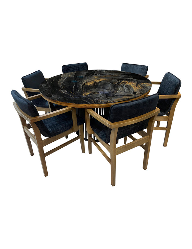COMEDOR PHOENIX REDONDO CON BASE DE METAL 140 CM CON 6 SILLAS RAVEL