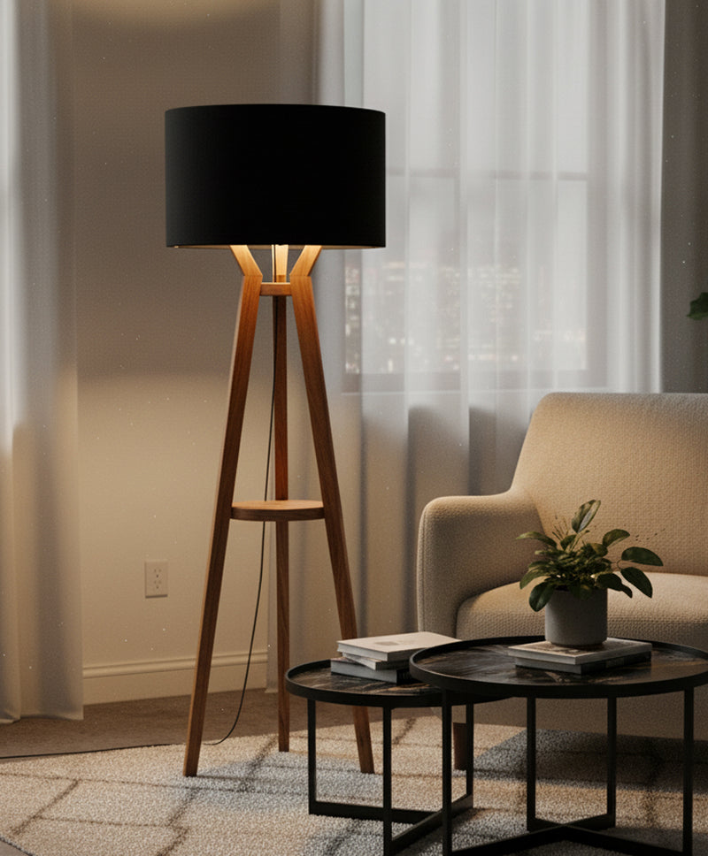 LÁMPARA DE PISO CON PAROTA PANTALLA NEGRA